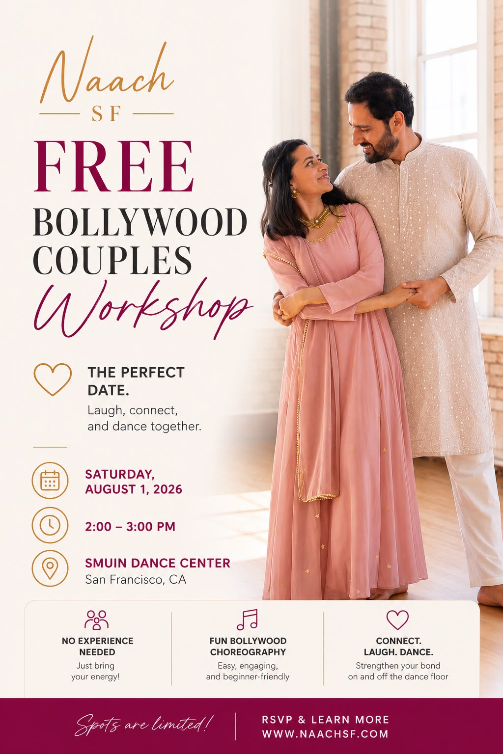Naach SF Free Bollywood Couples Workshop flyer &mdash; Saturday, August 1, 2026, 2:00&ndash;3:00 PM at Smuin Dance Center, San Francisco